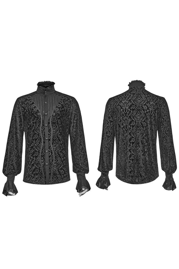 Black High Collar Lantern Sleeve Front Metal Retro Button Flounce Cuff Velveteen Knit Men's Gothic Shirt - Product - 5