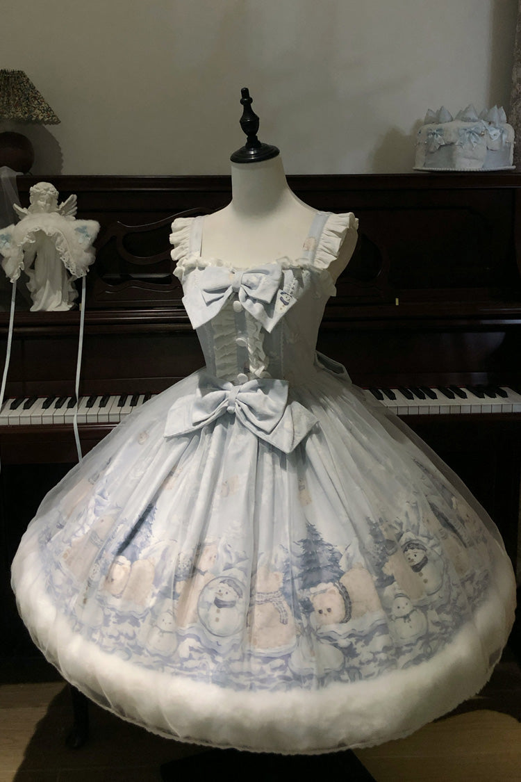 Blue [Snowman Bear] Square Collar Sleeveless Printed Ruffled Bow Sweet Lolita Jsk Dress - Product - 2