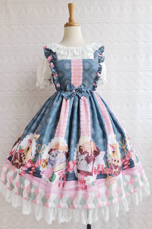 Schokoladenkatzen-Print, gerüscht, hoch tailliert, süß (Kleid einzeln), Detailansicht 4
