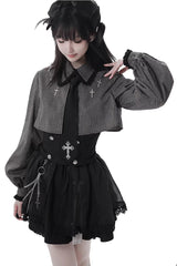 Black [Hymn of the Cross] Long Sleeves Printed Ruffled Asymmetric Chain-Decorated Gothic Jirai Kei Skirt Set - Product - 4