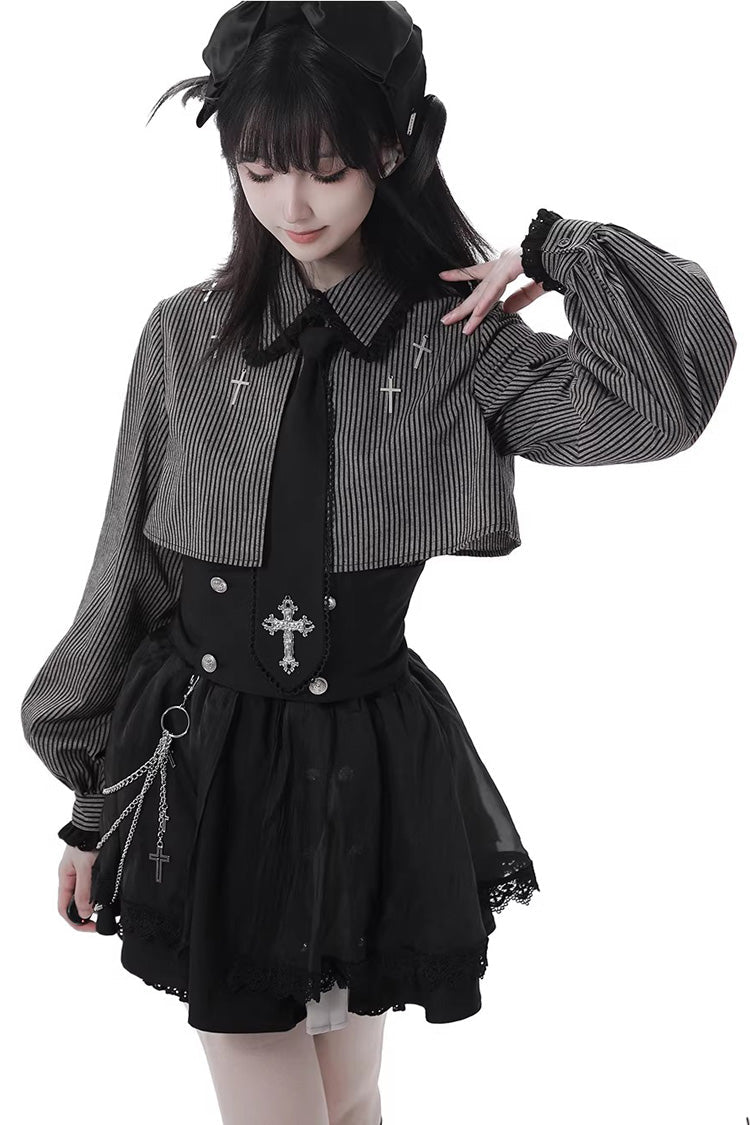 Black [Hymn of the Cross] Long Sleeves Printed Ruffled Asymmetric Chain-Decorated Gothic Jirai Kei Skirt Set - Product - 4