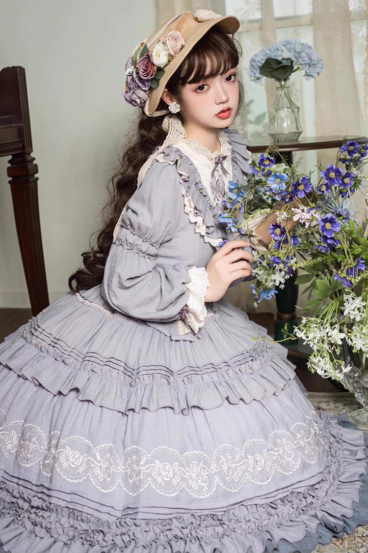 Purple Long Sleeves Ruffle Embroidery Bowknot Sweet Plus Size Elegant Lolita Dress - Product - 10