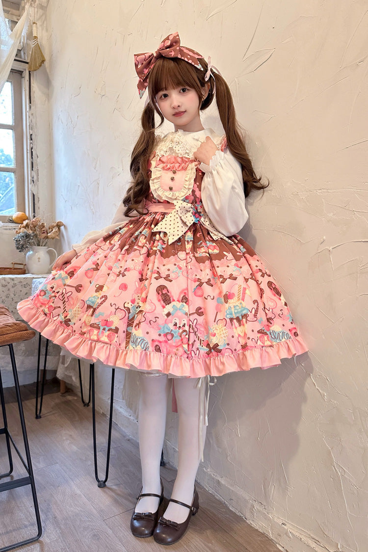 Pink [Bunny Tea Party] Sleeveless Print Ruffle Bowknot Daily Sweet Lolita Jsk Dress - Product - 5