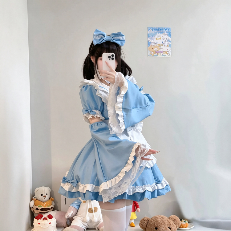 Light Blue Ruffled Maid Lolita Dress with Apron Bow Accent - view 6