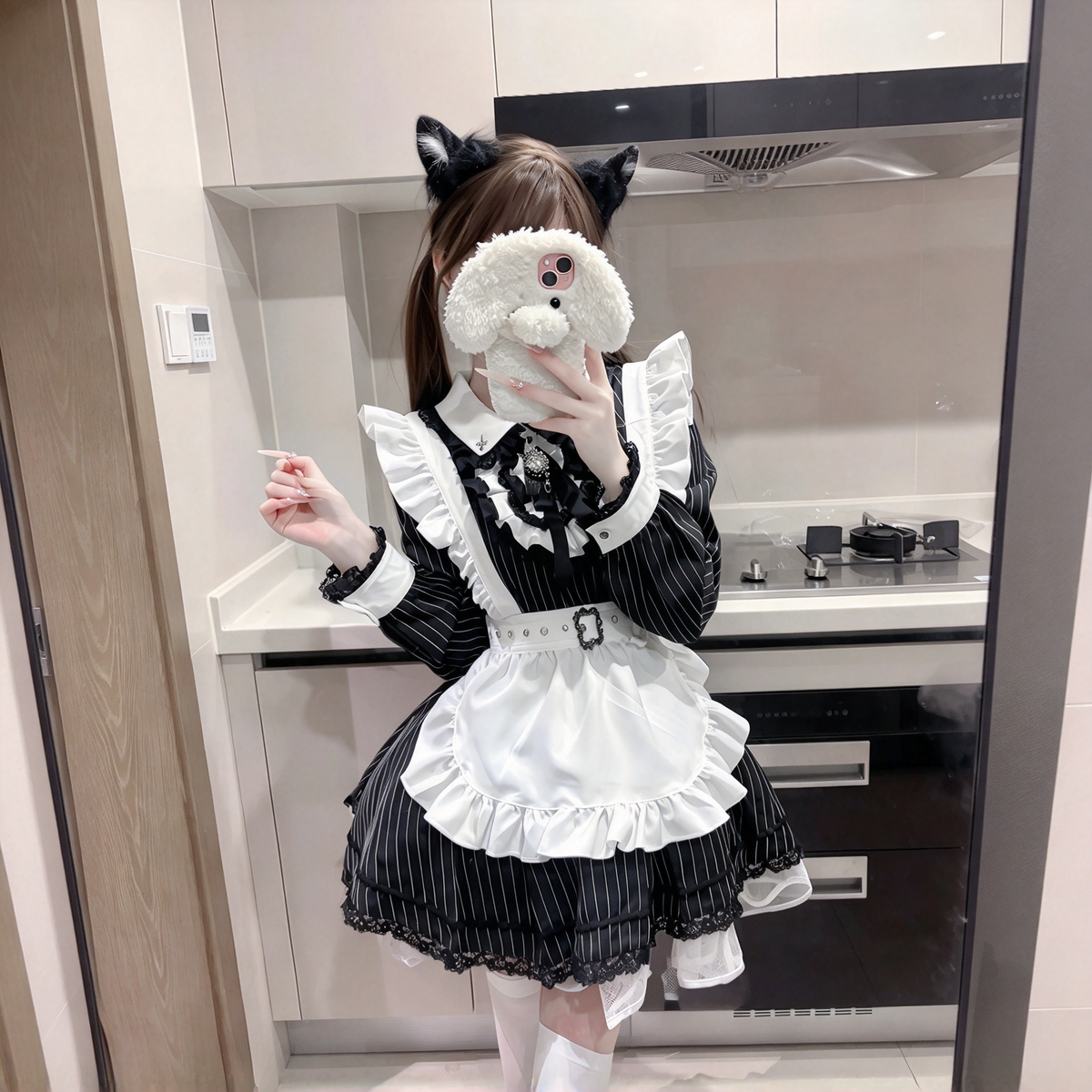 Black Striped Maid Lolita Dress with Apron Bow Accent - view 5