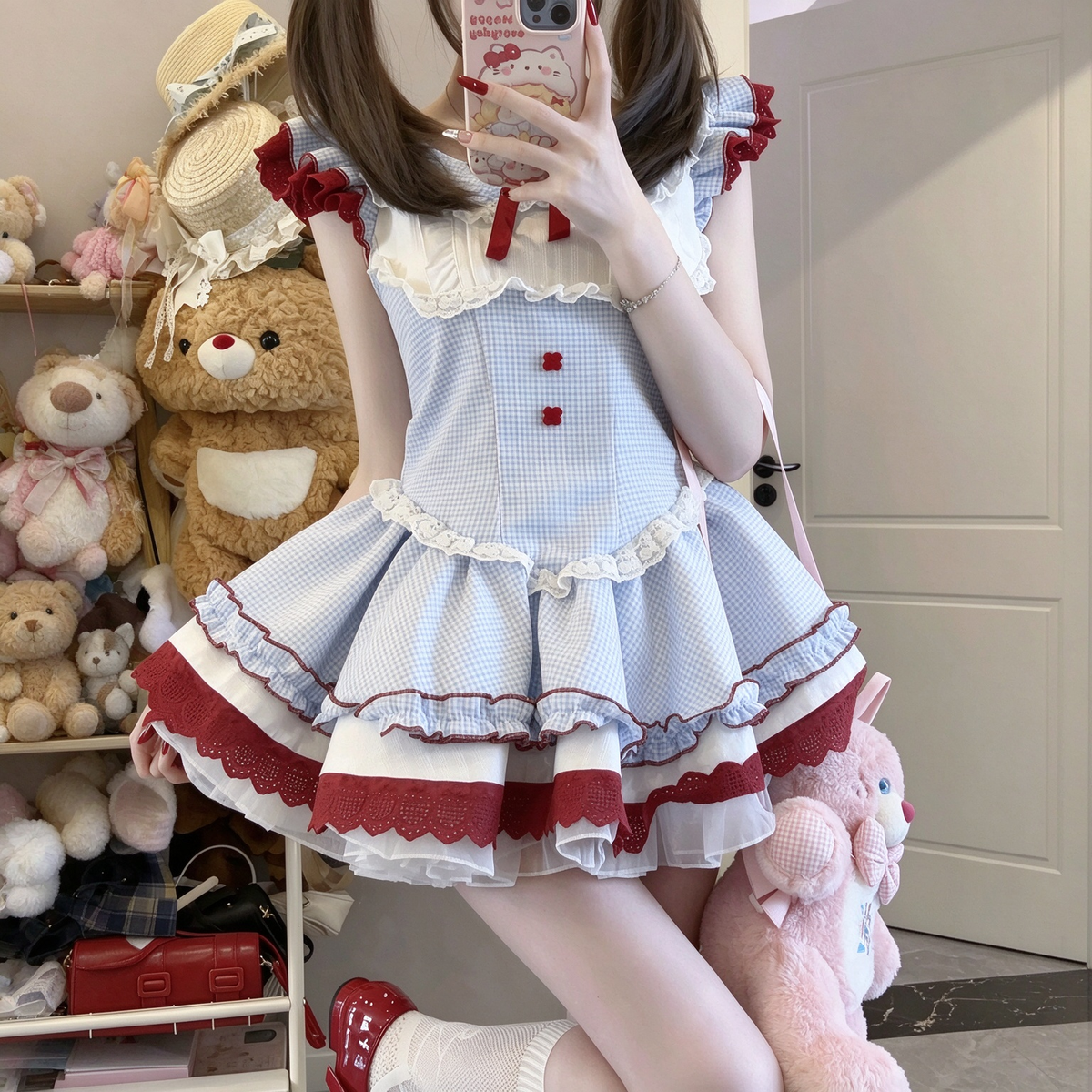 Light Blue and Red Gingham Ruffled Lolita Dress with Lace Trim - view 4