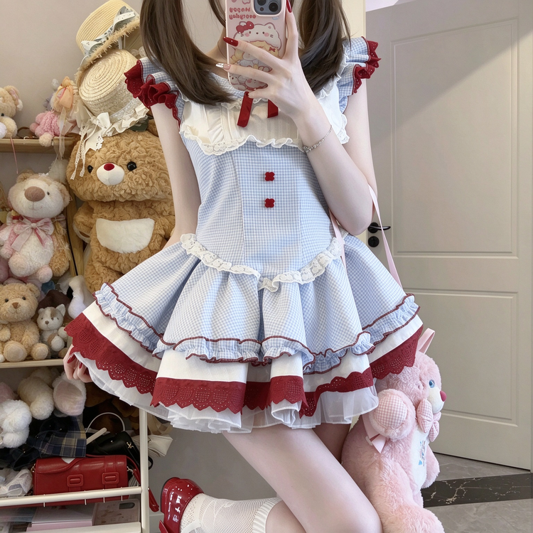 Light Blue and Red Gingham Ruffled Lolita Dress with Lace Trim - view 4
