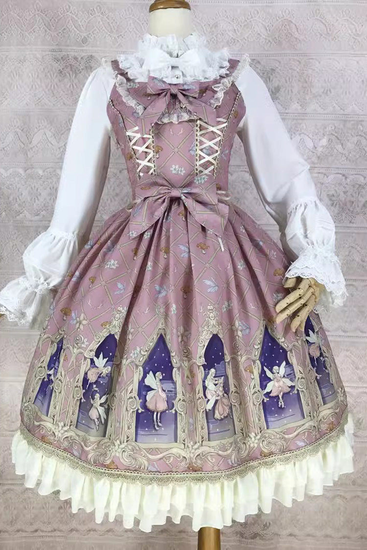 Dream Elf Print Ruffle Bowknot Sweet Lolita Jsk Dress 6 Colors - Pink - 4