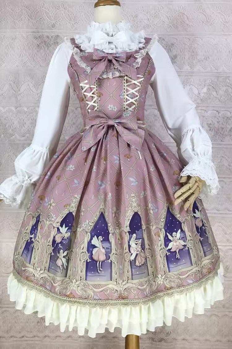 Dream Elf Print Ruffle Bowknot Sweet Lolita Jsk Dress 6 Colors - Pink - 4