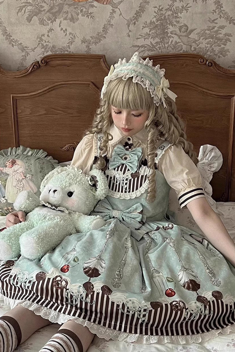 Green [Chocolate Cherry] Print Bowknot Sweet Lolita Jsk Dress - Product - 2