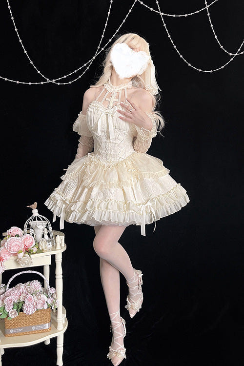 Ivory Tube Top Sleeveless Blowknot Ruffled Sweet Lolita Tiered Dress - Product - 3