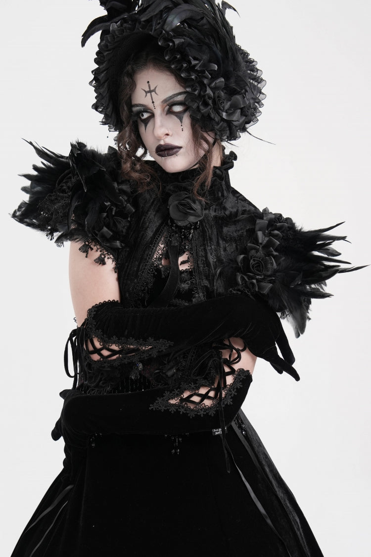 Black Stand Collar Lace Pleated Women's Gothic Tassels Feather Lace Cape - Black - 1