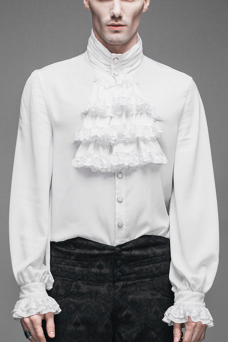 White Ruffled Lace Button-Up Micro-bullet Chiffon Long Sleeve Men's Gothic Shirt - White - 1