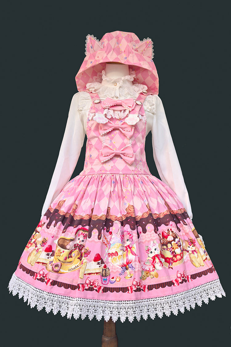 [Cream Meow] Sleeveless Print Bowknot Hooded Sweet Lolita Strap Dress 3 Colors - Pink - 1