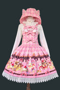 Cream Meow Sleeveless Print Bowknot Hooded Sweet Strap (Dress Only) front view