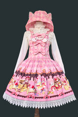 [Cream Meow] Sleeveless Print Bowknot Hooded Sweet Lolita Strap Dress 3 Colors - Pink - 1