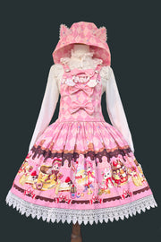 Cream Meow Sleeveless Print Bowknot Hooded Sweet Strap (Dress Only) front view