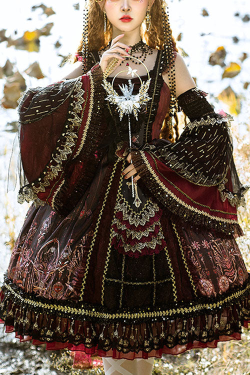 Wine Vintage Hanayome Eye of Red Heart Bowknot Multi-Layer Ruffled Classic Lolita JSK Dress - Wine - 1
