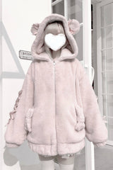 [Sleepy Bear Fluffy] Bear Ears Long Sleeves Bow Lace-Up Hooded Zippered Sweet Jirai Kei Japanese Coat - Product - 14