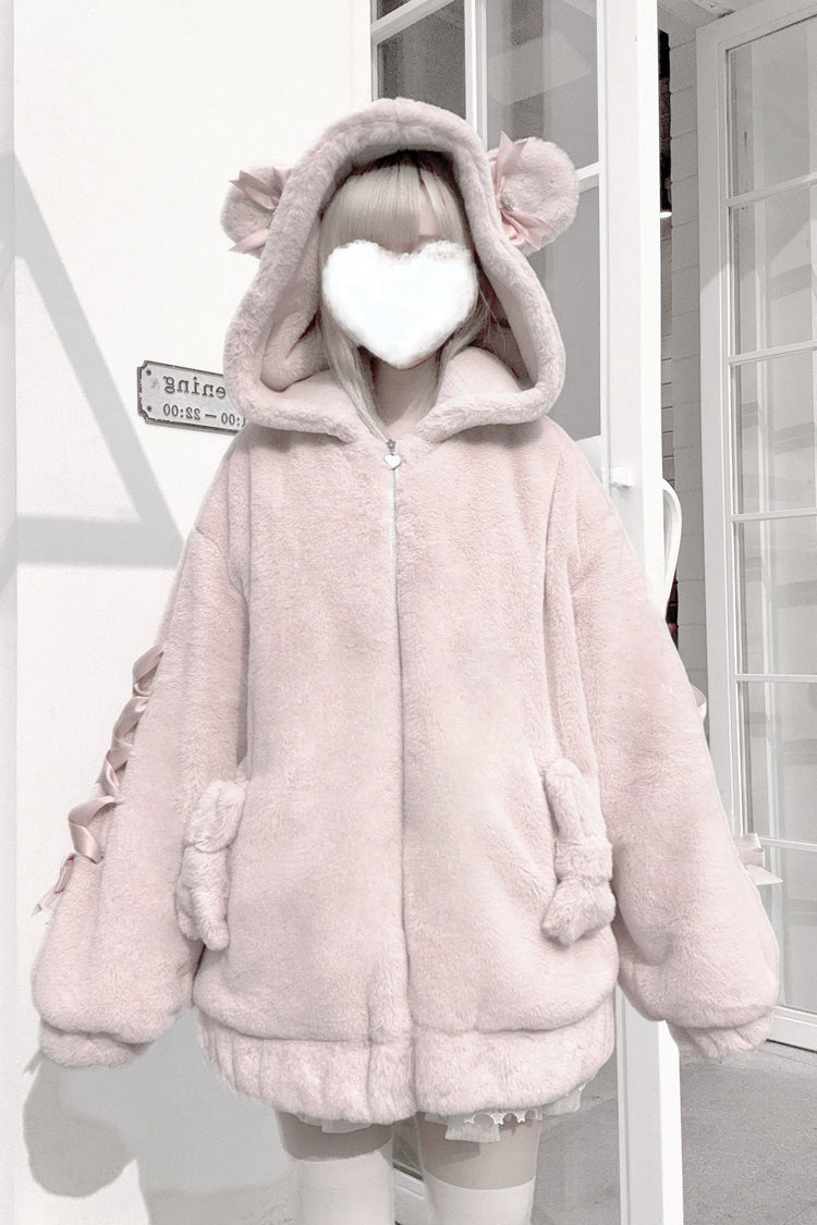 [Sleepy Bear Fluffy] Bear Ears Long Sleeves Bow Lace-Up Hooded Zippered Sweet Jirai Kei Japanese Coat - Product - 14