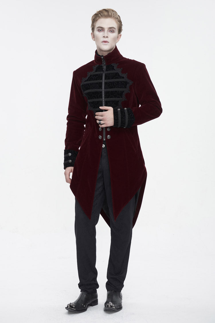 Red Stand Collar Lace Splice Swallow Tailed Men's Gothic Coat - Product - 3