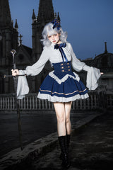 Blue [Eternal Crown] Stand Collar Long Lantern Sleeves Ruffled Color-Blocked Faux Two-Piece Classic Royal Lolita Dress 2 Versions - Product - 18
