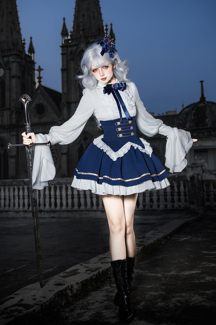 Blue [Eternal Crown] Stand Collar Long Lantern Sleeves Ruffled Color-Blocked Faux Two-Piece Classic Royal Lolita Dress 2 Versions - Product - 18