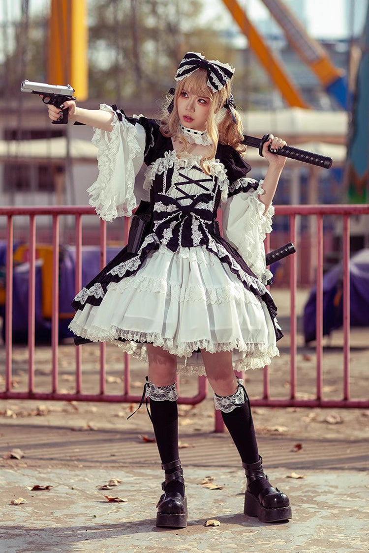 White/Black Short Sleeves Cardigan Bowknot Doll Sweet Lolita Dress - Product - 5