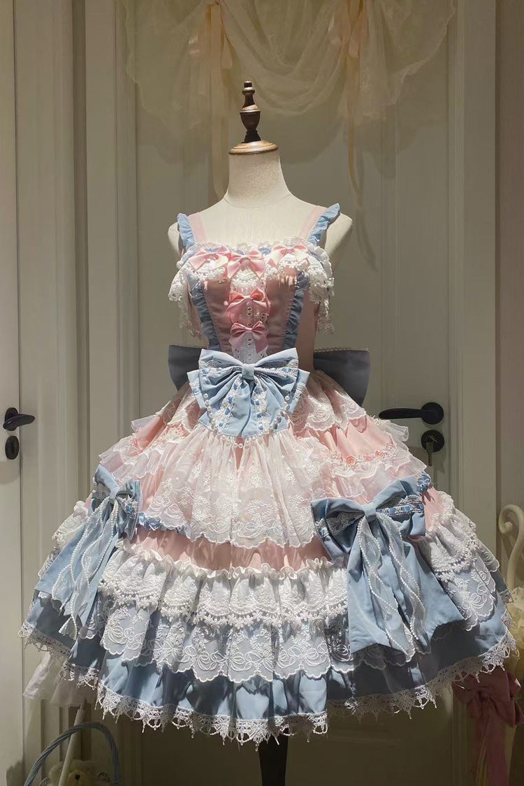 Blue Sleeveless Multi-Layered Ruffle Bowknot Lace Sweet Gorgeous Lolita Doll (Dress Only) front view