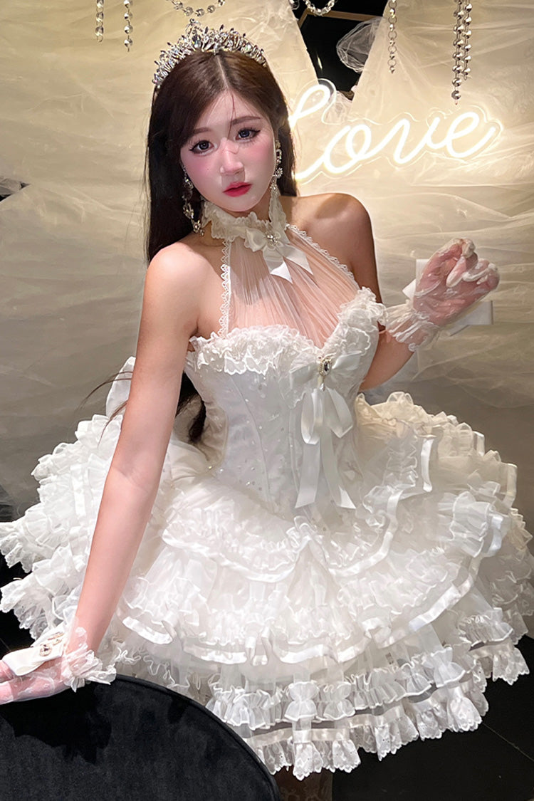 White [Love God Bride] Halterneck Ruffle Hanayome Bowknot Lace Sweet Princess Lolita Jsk Dress - Product - 2