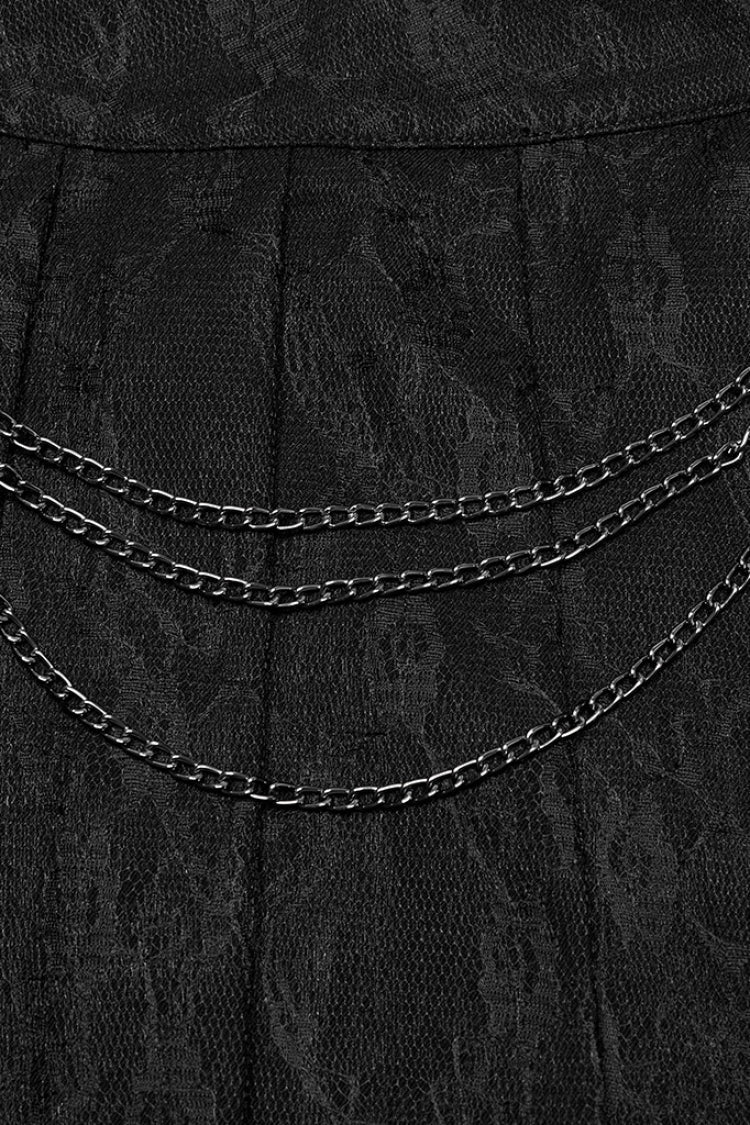 Black Stitching Lace Women's Punk Pleated Skirt with Chain - Product - 5