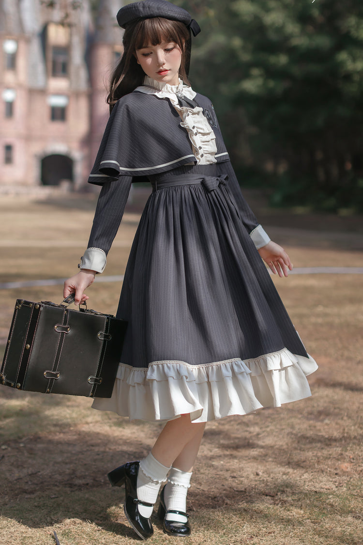 Dark Blue [Berlin Evening News] Long Sleeves Striped Print Ruffle Bowknot British College Style Elegant Sweet Lolita Dress - Product - 17