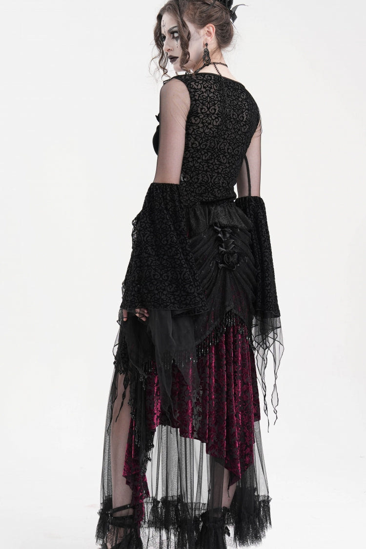 Black/Purple Tassels Mesh Women's Gothic Long Skirt - Product - 8
