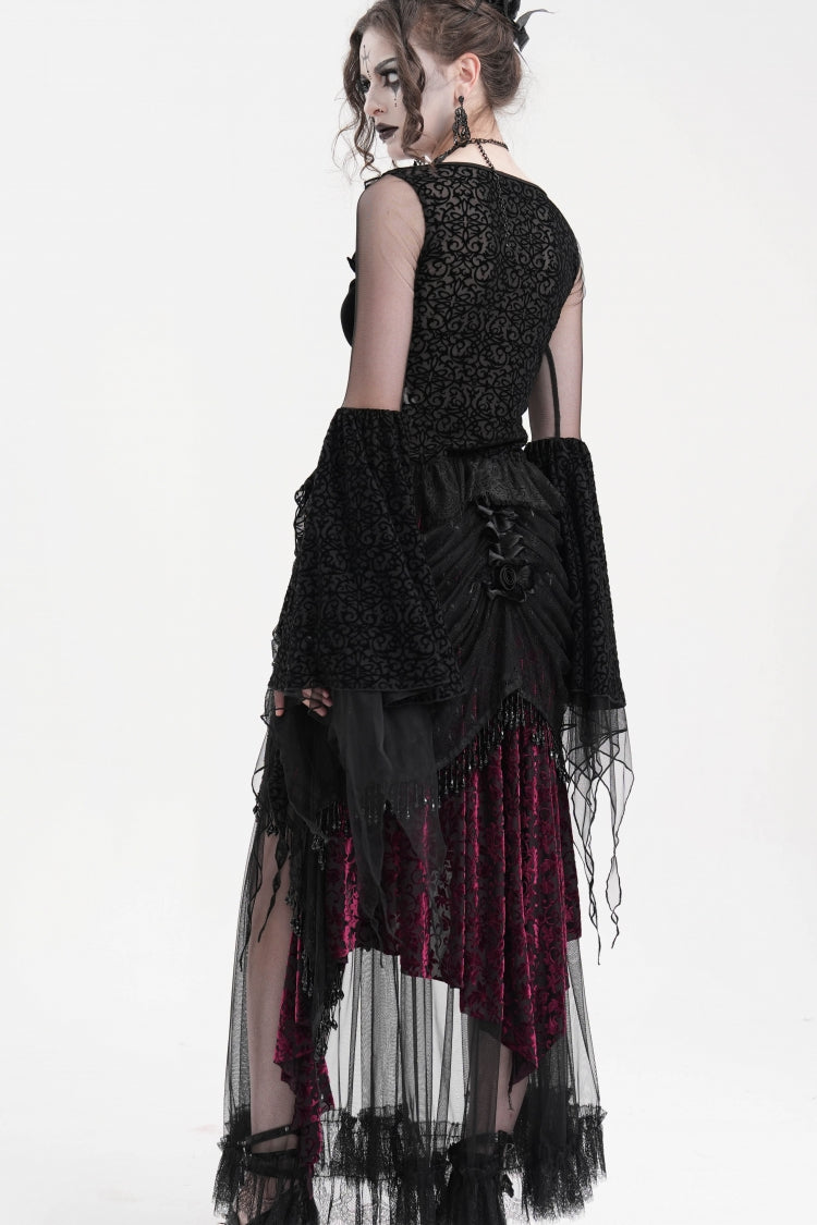 Black/Purple Tassels Mesh Women's Gothic Long Skirt - Product - 8