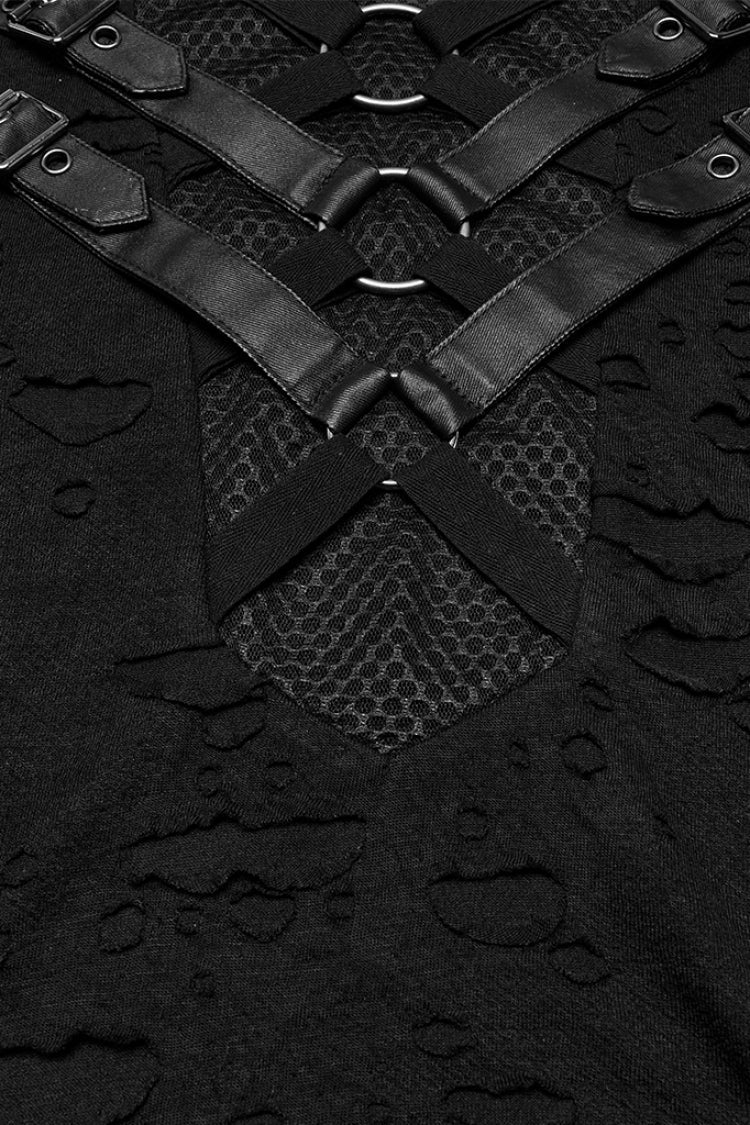Black Short Sleeves Stitching Mesh Ripped Strap Men's Punk T-Shirt - Product - 6