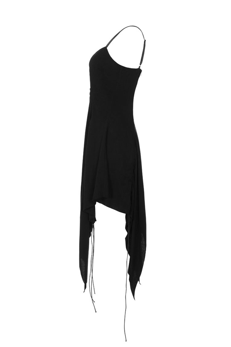 Black Leather Shoulder Strap Irregular Sharp Corner Hem Women's Gothic Sling Dress - Product - 6