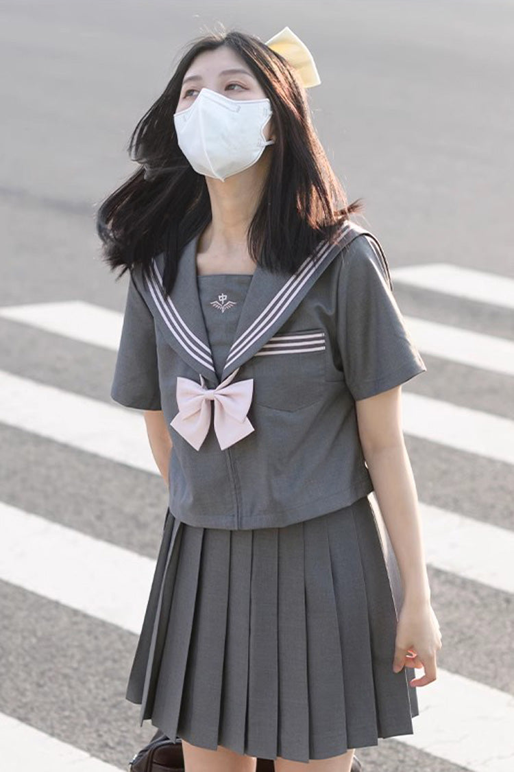 Grey Sweet College Style Navy Collar Japanese School Pleated Skirt - Product - 4