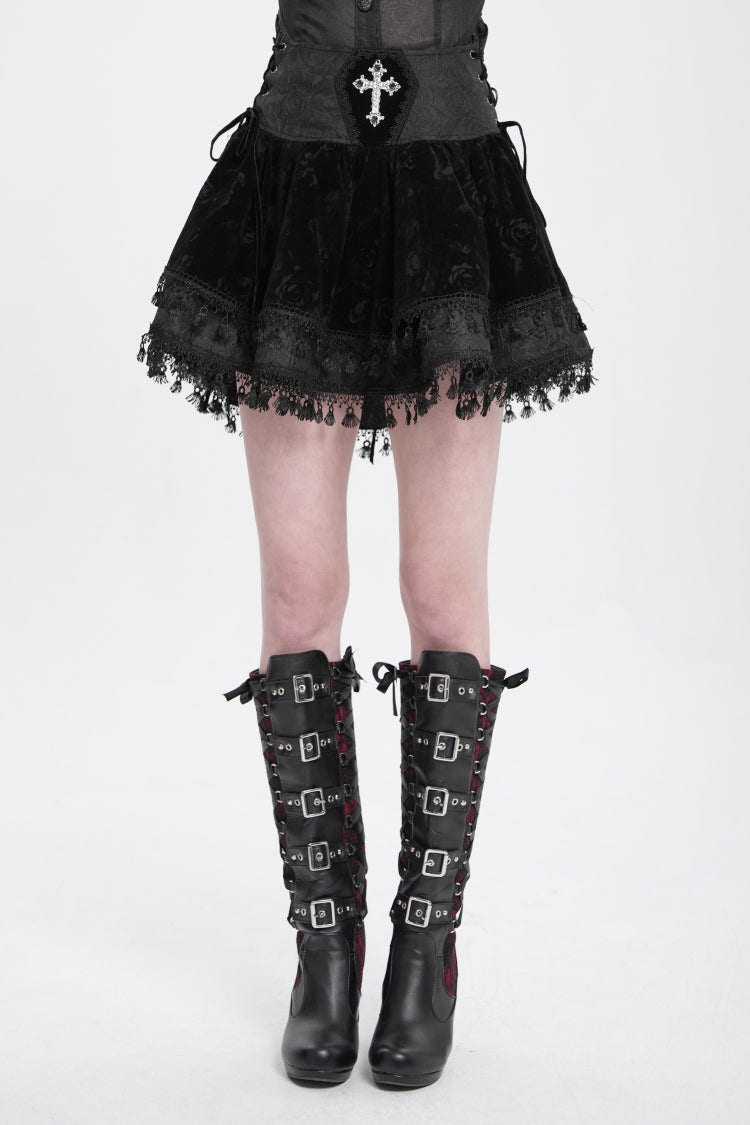 Black Cross Tassel Print Women's Gothic Skirt - Black - 1