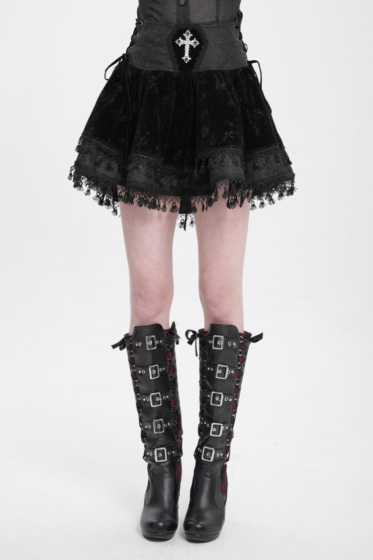 Black Cross Tassel Print Women's Gothic Skirt - Black - 1