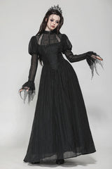 Black Women's Gothic Ruffled Stand Collar Long Puff Sleeves Spiderweb Splice Witch Maxi Dress - Product - 6