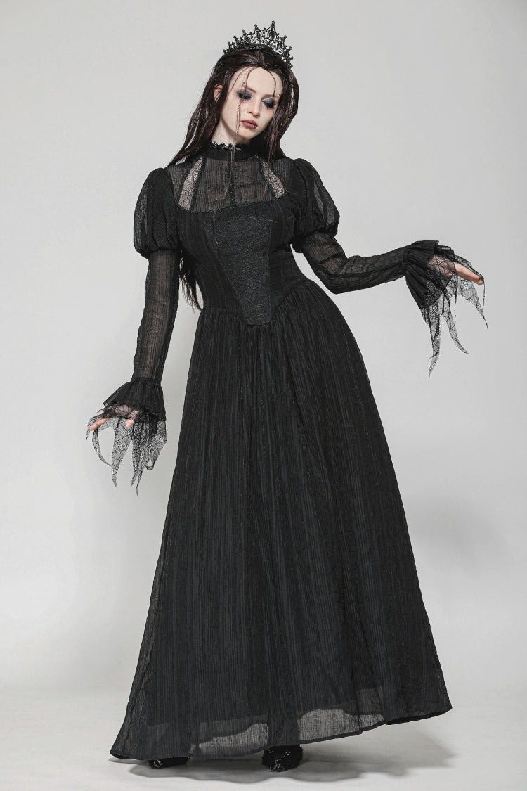 Black Women's Gothic Ruffled Stand Collar Long Puff Sleeves Spiderweb Splice Witch Maxi Dress - Product - 6