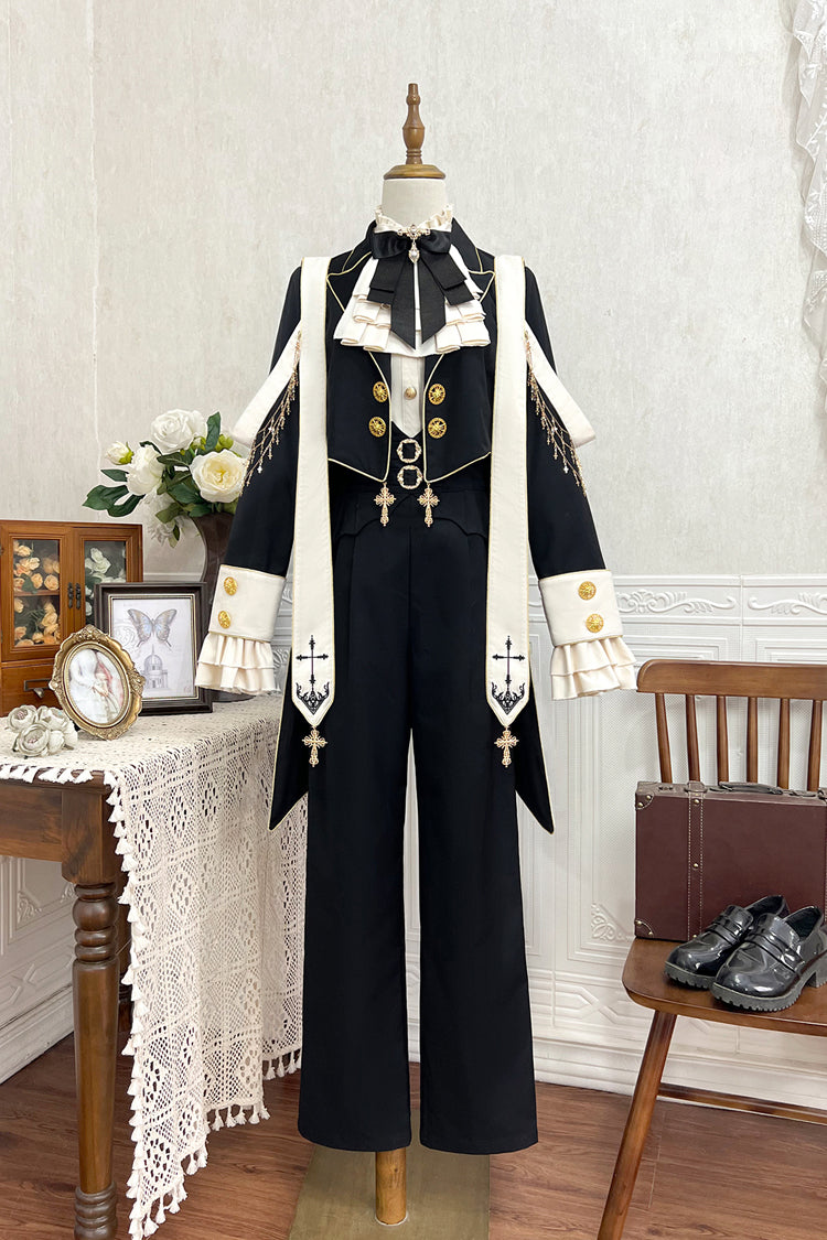 Black Long Sleeves Print Gothic Prince Handsome Ouji Lolita Swallowtail Coat - Product - 3