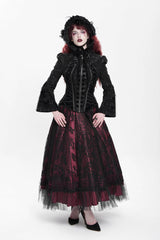 Black Lapel Collar Long Trumpet Sleeves Ruffle Lace-Up Zipper Women's Gothic Jacket - Product - 9