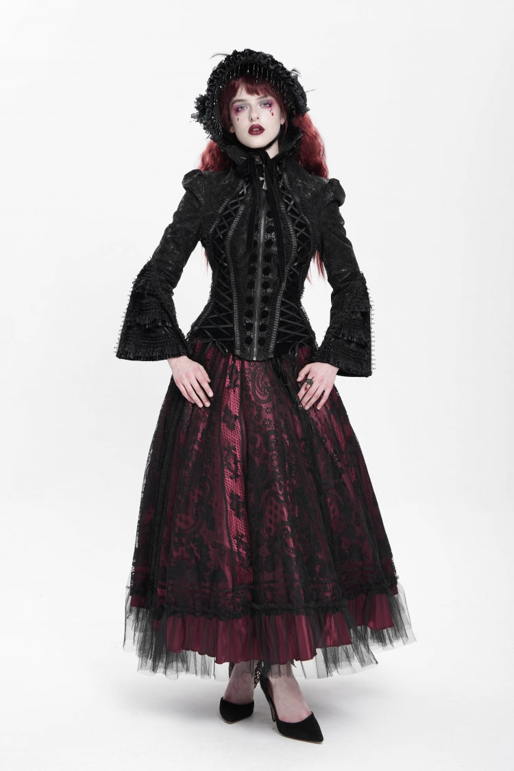 Black Lapel Collar Long Trumpet Sleeves Ruffle Lace-Up Zipper Women's Gothic Jacket - Product - 9