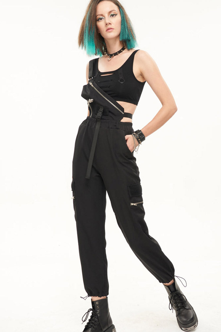 Black Punk Casual Single Shoulder Multiple Pockets Skull Head Decoration Strap Women's Pants - Product - 2