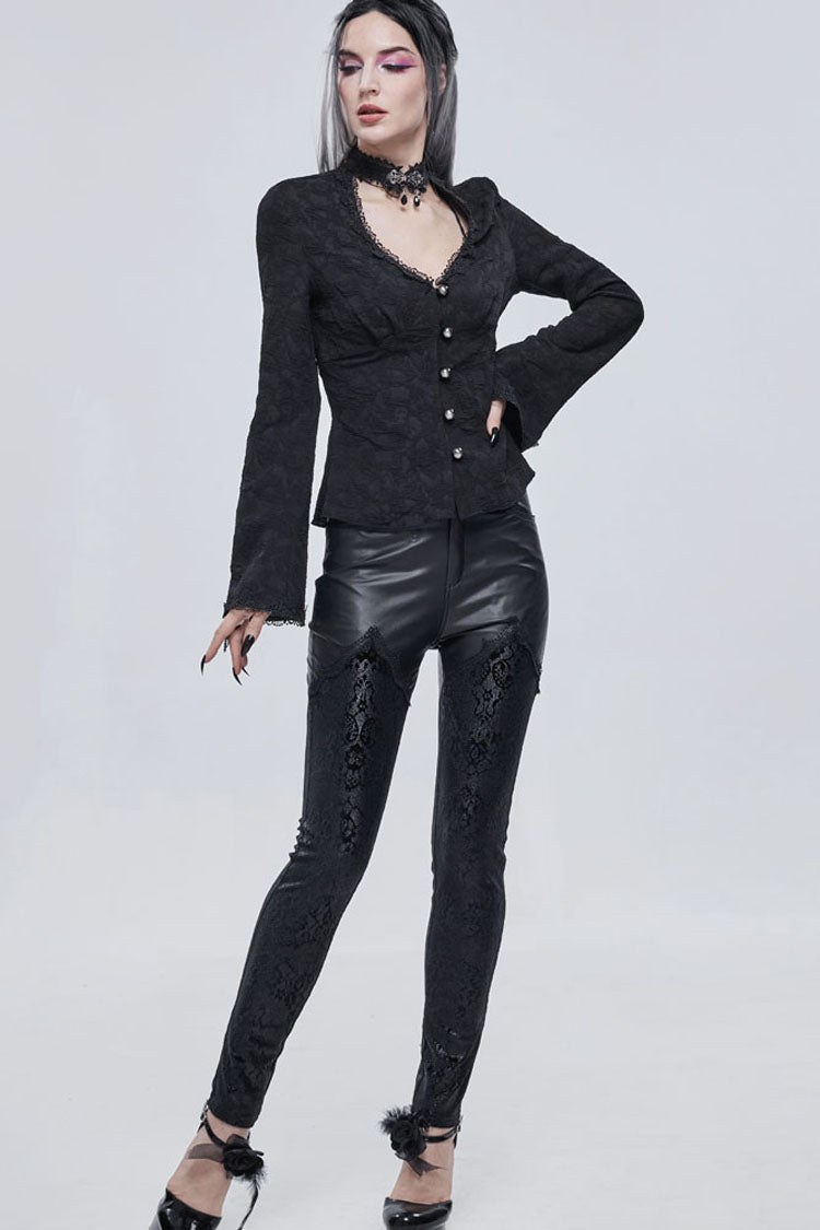 Black Gothic V-Neck Metal Buttons Pendant Lace Jacquard Frenulum Long Sleeves Women's Shirt - Product - 8