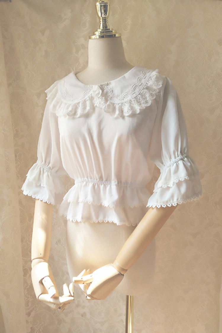 White Chiffon Doll Collar Half Sleeve Sweet Lolita Shirt - White - 1