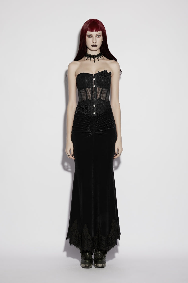 Black Embroidered Lace Lace-Up Slim Sheer Strappy Women's Gothic Corset - Black - 1