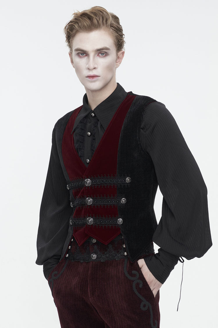 Black/Red Irregular Velvet Splice Corduroy Men's Gothic Waistcoat - Product - 2
