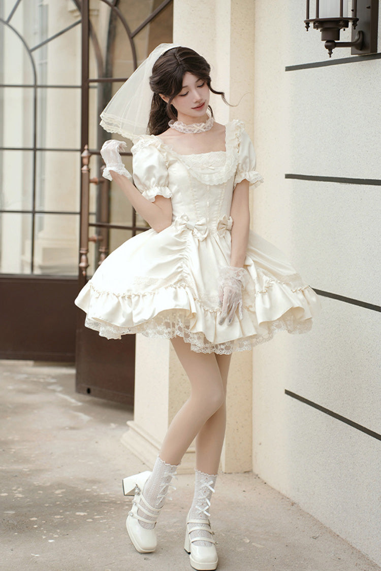 White [Letters and Poems] Square Collar Short Sleeves Ruffle Hanayome Bowknot Sweet Elegant Gorgeous Lolita Dress - Product - 9